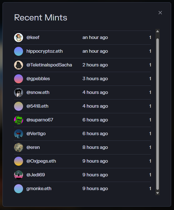 A 'Recent Mints' list showing various usernames like @keef, hippocryptoz.eth, and @TeletinalspodSacha with timestamps ranging from 1 to 9 hours ago.