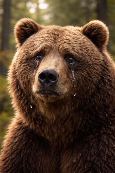 A close-up photograph of a brown bear with visible tear streaks running down from its eyes, set against a blurred forest background.