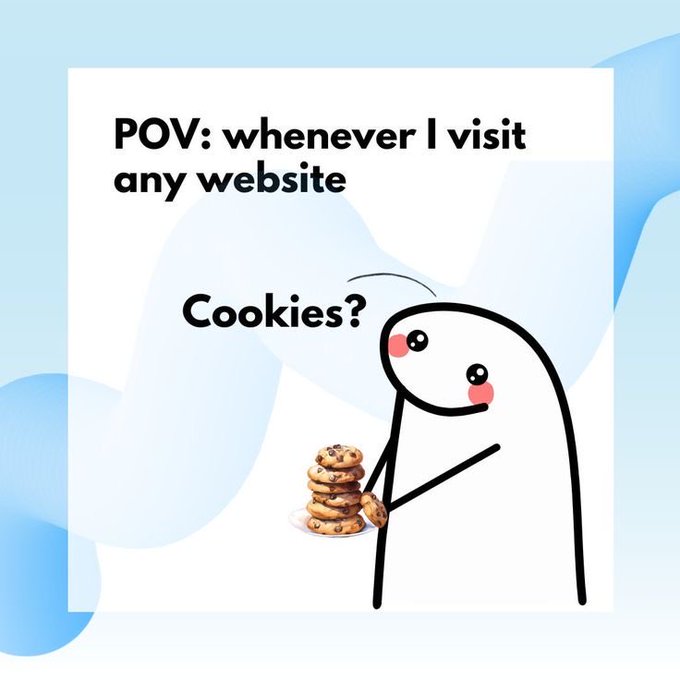 A meme image featuring a cute stick figure offering a plate of chocolate chip cookies with the text "POV: whenever I visit any website" and "Cookies?" written above, humorously referencing the constant cookie consent pop-ups on websites, which ties into the post's suggestion to use Beldex ($BDX) for private browsing.