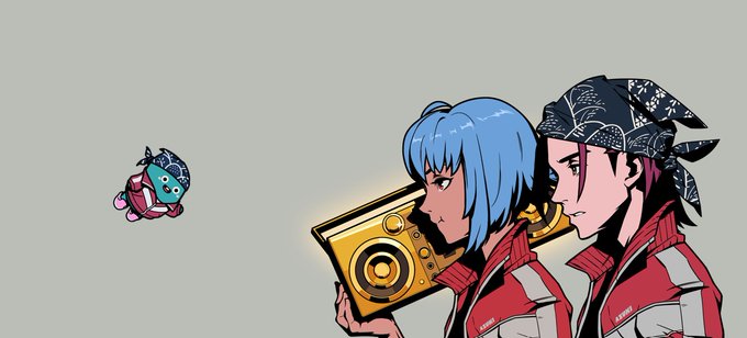 Anime-style illustration of two characters in red jackets looking at a glowing device while a small blue creature floats nearby.