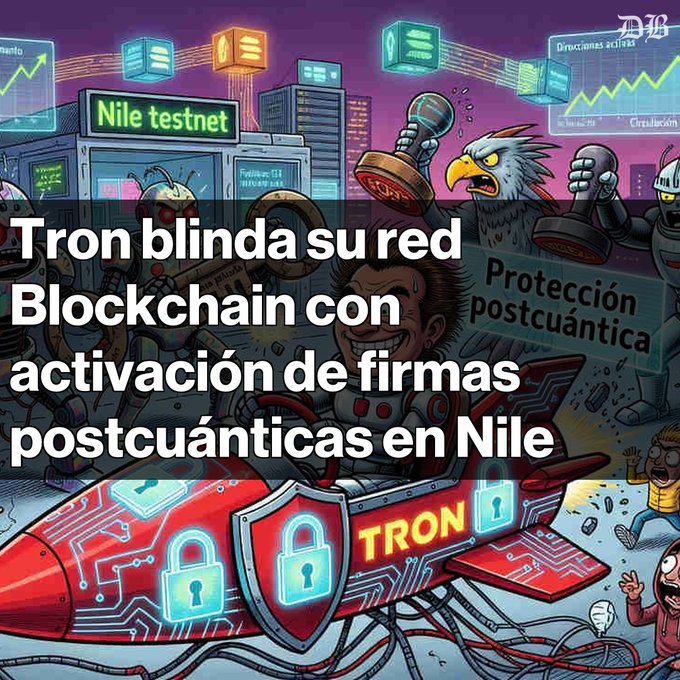 A Spanish-language crypto illustration with the headline 'Tron blinda su red Blockchain con activación de firmas postcuánticas en Nile,' showing cartoon characters and references to 'Nile testnet' and 'Protección postcuántica.'