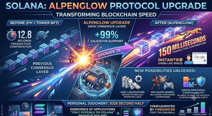 A poster or infographic about Solana is posted with details that show a transformation process that includes upgrading network speed, adding blockchain technology, and other improvements. The poster also contains information such as the time it took for this upgrade and the benefits users can enjoy through these updates. The text on the poster indicates that the image features a comparison of how much faster Solana has become with these upgrades compared to its previous state.
