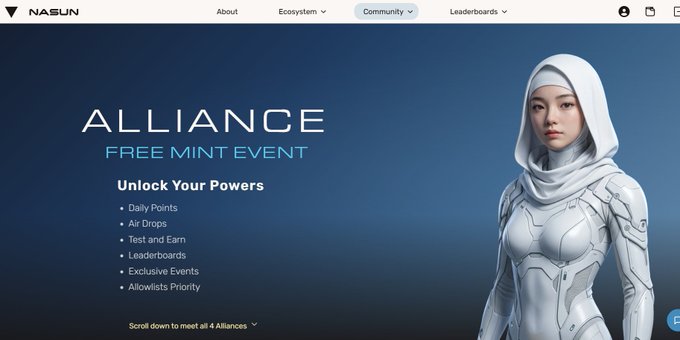 A webpage for NASUN featuring the 'ALLIANCE FREE MINT EVENT' with benefits like Daily Points, Air Drops, Test and Earn, Leaderboards, Exclusive Events, and Allowlists Priority, alongside an image of a futuristic female character.