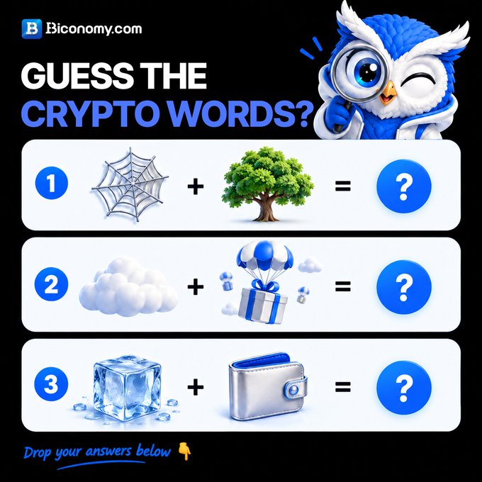 A Biconomy.com social media graphic titled 'GUESS THE CRYPTO WORDS?' featuring an owl mascot and three emoji puzzles combining a spider web + tree, a cloud + gift box, and an ice cube + wallet, with prompts to 'Drop your answers below.'
