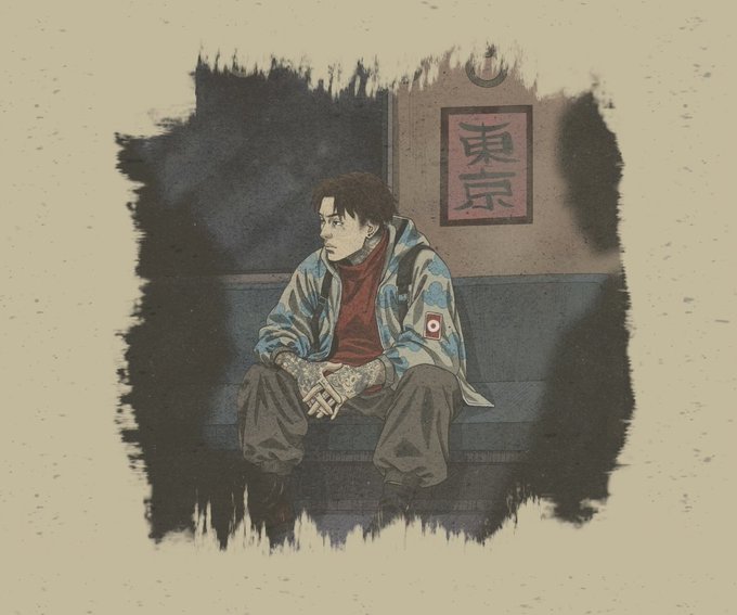 An illustrated portrait of a young man with dark hair and tattoos sitting on a couch, wearing a blue patterned jacket over a red shirt, with a Japanese sign reading '東京' (Tokyo) behind him.