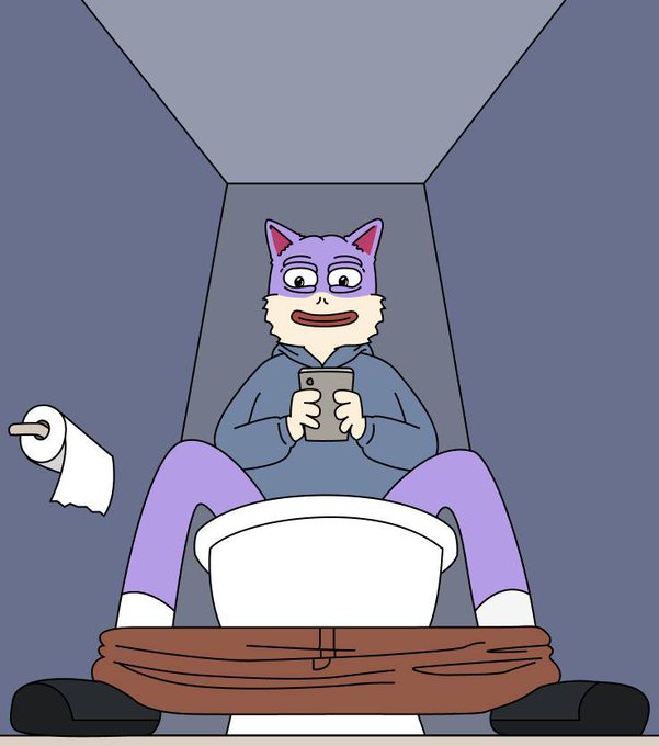 A cartoon illustration of a purple and white anthropomorphic cat wearing a blue hoodie, sitting on a toilet while looking at a phone, with a roll of toilet paper on the wall and a brown belt on the floor.