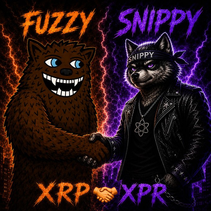 A digital artwork featuring two anthropomorphic animal characters shaking hands, labeled 'FUZZY' (a brown bear) representing 'XRP' and 'SNIPPY' (a wolf in a leather jacket) representing 'XPR', with a city skyline in the background.