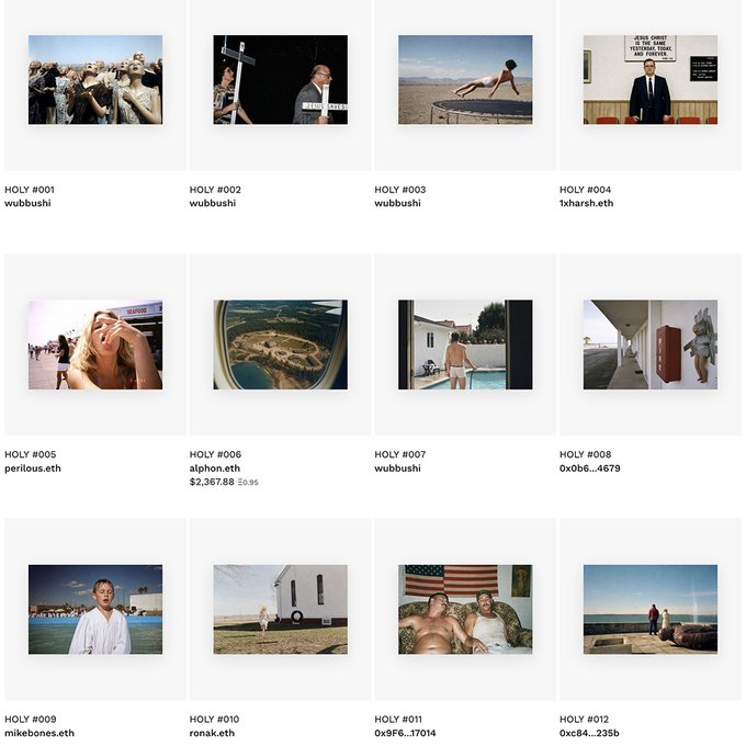 A grid of NFT listings displays thumbnails labeled 'HOLY #001' through 'HOLY #012' with usernames like 'wubbushi', '1xharsh.eth', and 'perilous.eth' beneath each image.