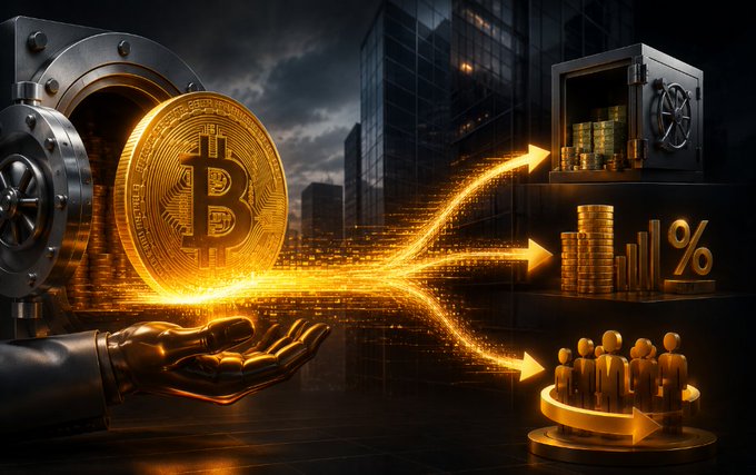 A digital illustration showing a golden Bitcoin coin emerging from a vault held by a metallic hand, with glowing arrows pointing toward stacks of coins, a percentage symbol, and a group of people figures.