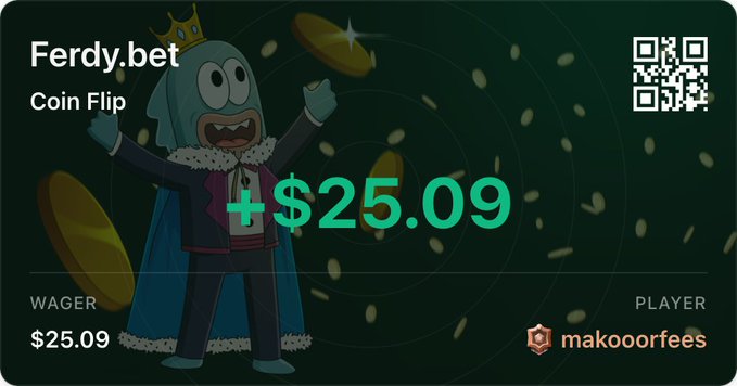The image shows a betting win notification from Ferdy.bet's Coin Flip game, featuring a crowned mascot with the player's username "makoorfees" winning +$25.09 on a $25.09 wager. The winning likely comes from a community-funded bet supporting Avalanche (AVAX) builders, connecting the gambling platform's proceeds to blockchain developer support.