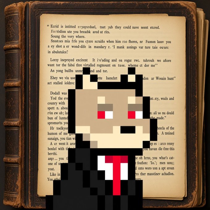 A pixel art character with red eyes and a red tie is superimposed over an open book page containing partially obscured text.