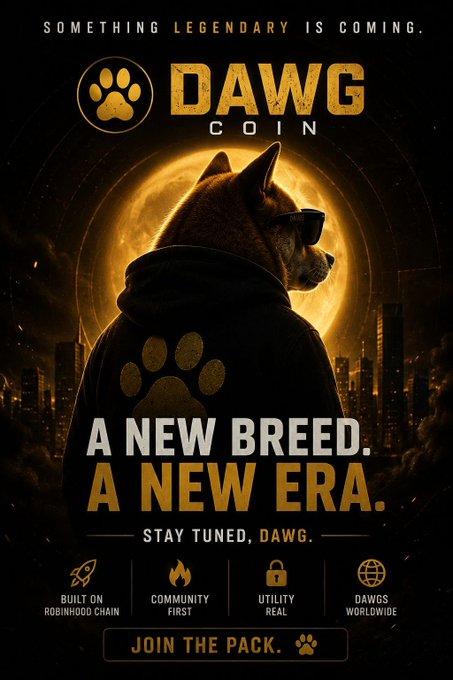 A promotional poster for 'DAWG COIN' cryptocurrency featuring a dog in sunglasses and hoodie against a moonlit cityscape, with text 'SOMETHING LEGENDARY IS COMING' and 'A NEW BREED. A NEW ERA.'