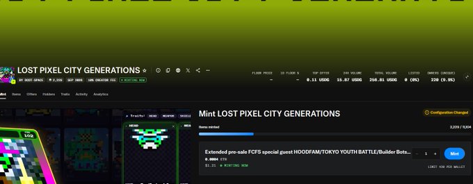 A webpage for 'LOST PIXEL CITY GENERATIONS' on Magic Eden shows collection statistics and a minting page for an item labeled 'HOODFAM/TOKYO YOUTH BATTLE/Builder Bots.'