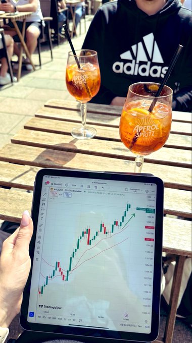 A person wearing a black 'adidas' hoodie sits at a wooden outdoor table with two 'APEROL SPRITZ' glasses, while another person holds an iPad displaying a TradingView candlestick chart of 'XAUUSD' showing an upward price trend.