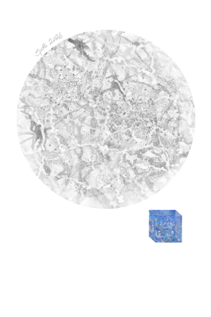 An abstract circular artwork featuring textured, gray and white patterns resembling crushed stone or ice, accompanied by a small blue cube in the bottom right corner and the text 'Seth 2026'.