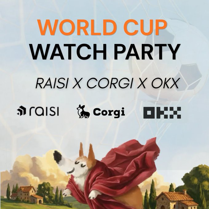 The image features an advertisement for a World Cup Watch Party, which includes a dog dressed as a superhero flying through the air above a village scene. The text on the poster indicates that this event is being hosted by Raisi X Corgi and of course, there are logos for other companies such as UseCorgi and Oki.