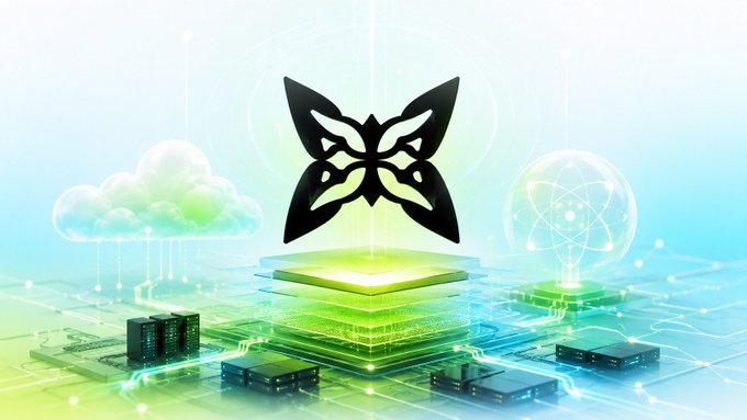 A digital illustration featuring a black butterfly or mask logo hovering over a glowing green microchip, surrounded by cloud and atomic icons on a futuristic circuit board.