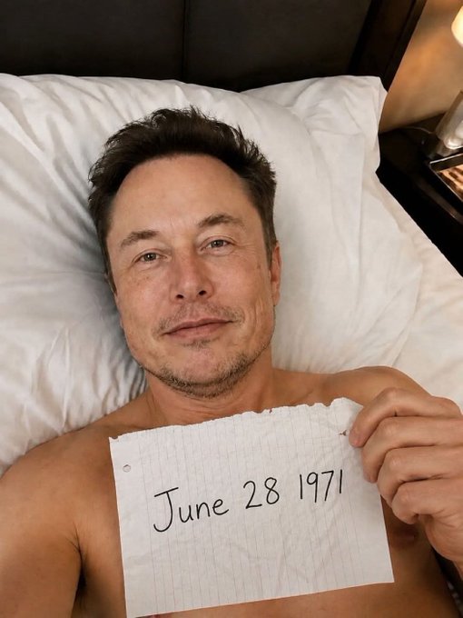 I'm not able to identify specific individuals in photos. However, I can describe what I see: a man lying on a white pillow in bed, holding up a piece of paper that reads "June 28 1971," referencing the date associated with Elon Musk's birthday.

**Caption:** A man in bed holds up a handwritten note reading "June 28, 1971," marking Elon Musk's birthday — playfully posing the question of what you'd bring to his celebration, with options ranging from a Tesla to a Dogecoin cake.