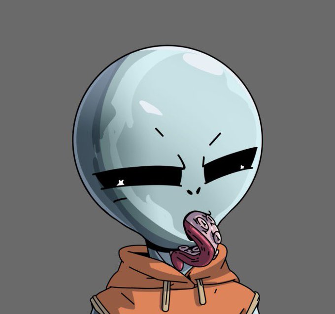 An alien-like character with a large glossy blue-gray head, squinting eyes, and a tongue hanging out wears an orange hoodie in this cartoon-style illustration, fitting the post's invitation to "show yours" alongside the revealed Zorpian art.
