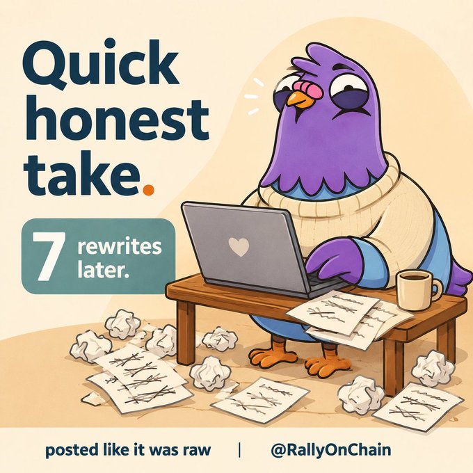 The image features a cartoon bird sitting at a desk with papers scattered around it, typing on an open laptop computer. The text above the bird reads "Quick Honest Take" followed by "7 Rewrites Later", which suggests that the bird has been revising its work multiple times before posting it online.