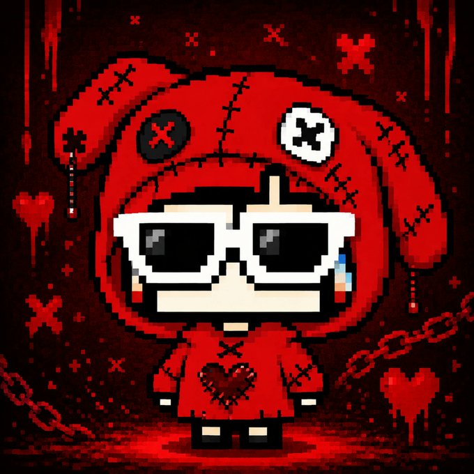 A pixel art character wearing a stitched red bunny costume with X-eyed buttons, white pixelated glasses, and a stitched heart on its chest, set against a dark red background with chains.