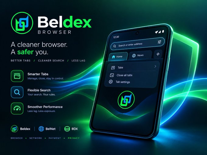 Promotional image for 'Beldex Browser' with the tagline 'A cleaner browser. A safer you,' featuring a smartphone displaying the app interface with features Smarter Tabs, Flexible Search, and Smoother Performance.