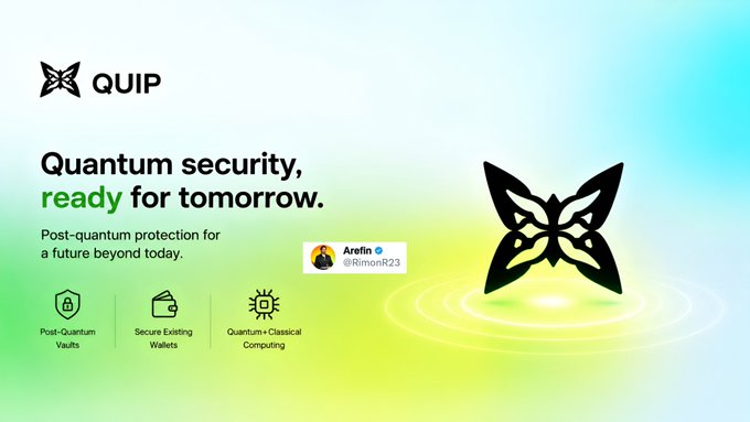 The image features an advertisement for Quantum computing, which is pushing the industry toward new security challenges. The main focus of the ad is a butterfly design with the text "Quantum security" written above it. Below this, there are descriptions of what Quantum computing can do and how it works. One description reads, "Post-quantum protection for a future beyond today". This suggests that Quantum computing has the potential to revolutionize the way we protect our digital assets in the future.

The ad also includes a list of features offered by Quip's post-quantum vaults service: "Post-quantum vaults can secure existing wallets without requiring users". This implies that these vaults are designed to provide enhanced security for users' digital assets, making them more resistant to potential threats from Quantum computing.