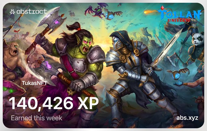 A gaming/NFT graphic from Abstract featuring World of Warcraft-style characters (an orc with an axe and a knight with a sword), displaying 'TukasNFT' with '140,426 XP Earned this week' and a Tol Barad reference.