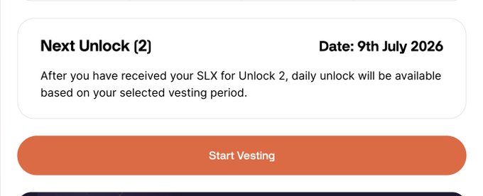 The image shows a "Next Unlock (2)" notification dated 9th July 2026, indicating that after receiving SLX for Unlock 2, daily unlocks will be available based on the selected vesting period, with an orange "Start Vesting" button below. This relates to the post announcing that the $SLX second unlock (including reallocated SLX, xeets, and tonso) is going live, with a 35-day vesting period available via claim.solstice.finance.