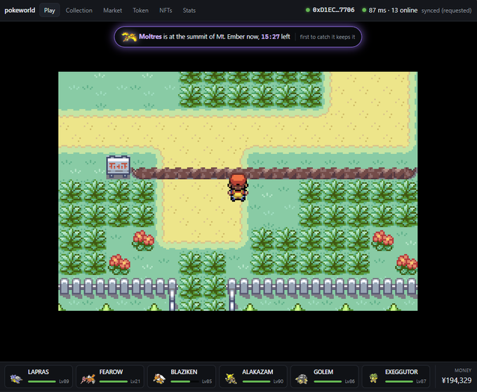 This image shows a screenshot of a browser-based Pokémon Fire Red multiplayer game called "pokeworld," displaying a player character on a path surrounded by tall grass, with various Pokémon (Lapras, Fearow, Blaziken, Alakazam, Golem, Exeggutor) at levels 5-90 listed at the bottom alongside a money total of ¥194,329. The screenshot relates to the announcement by showcasing the actual playable Pokémon game experience that the project aims to bring to web3 through their upcoming multiplayer PvP server.