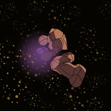 A digital illustration depicts a stylized, faceless figure with arms raised in a defensive or struggling posture, set against a black background filled with glowing yellow and purple particles.