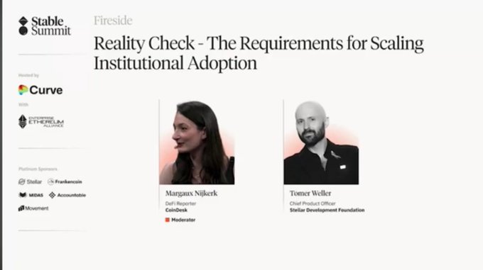 The image shows a screenshot of a website called "Stable Summit" with two people's names, Tom Weller and Margaret Nijkerk, displayed at the top center of the screen along with a title that reads "The Requirements for Scaling Institutional Adoption".