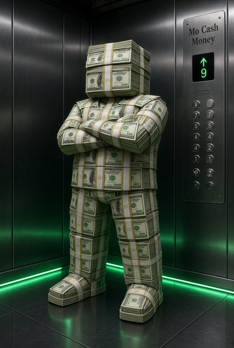 A digital artwork of a person entirely wrapped in stacks of hundred-dollar bills standing confidently in a metallic elevator marked 'Mo Cash Money' on floor 9.