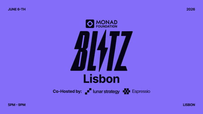 The image features a purple background with white text that reads "Monad Blitz Lisbon". Below this, there are two lines of black text providing details about an upcoming event called "Monad Blitz Afterwork" which will take place at night time on Saturday evening in Lisbon. The event is being hosted by Monad Foundation and will be attended by the Web3 community. It's a casual gathering where people can enjoy drinks, music, and engage with others to discuss the Monad ecosystem and its potential applications for web3 development.