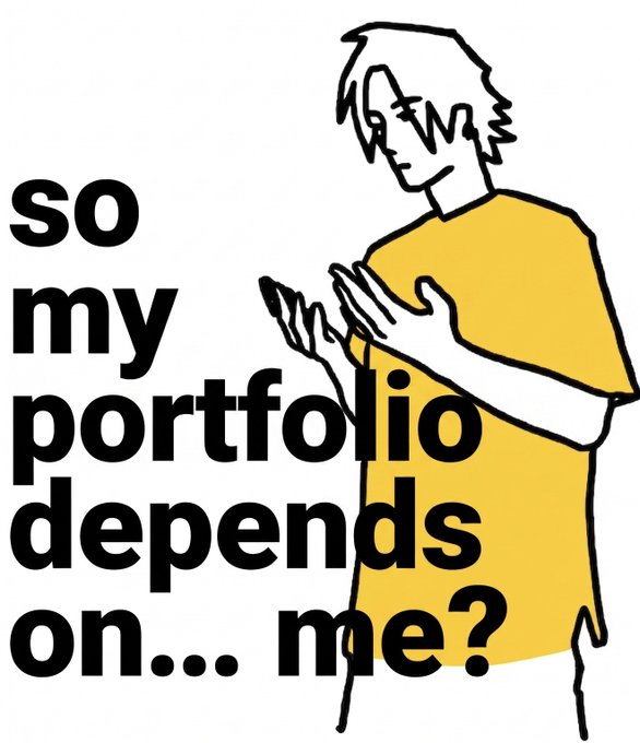 A hand-drawn illustration shows a man in a yellow shirt clasping his hands together, paired with the bold text "so my portfolio depends on... me?" The image humorously captures the realization that as a self-custody crypto user, your investment outcomes rest entirely in your own hands—tied to the post's acknowledgment that "mistakes were made in wallets I control."