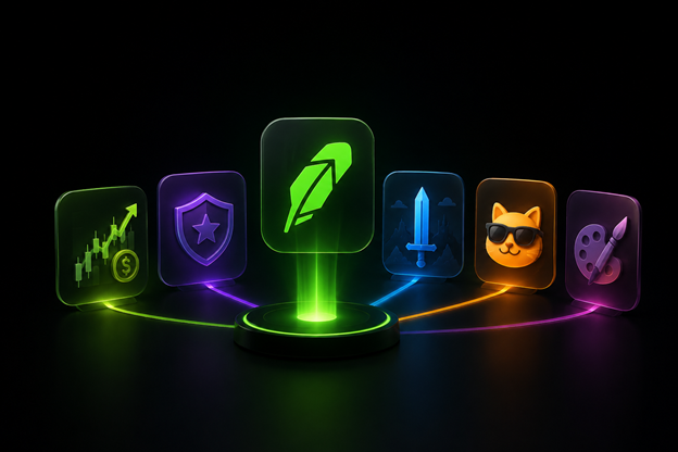 A glowing green feather NFT icon sits elevated at the center of a circular pedestal, surrounded by six colorful holographic app icons—including a purple shield with a star, a cat wearing sunglasses, a sword, a paint palette, and candlestick charts with a dollar sign—all connected by neon light trails on a black background, visually representing the diverse range of NFT collections on Robinhood Chain, from financial assets like StonkBrokers tied to tokenized stocks to utility, art, and community-focused projects.