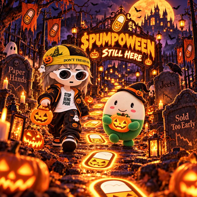 A Halloween-themed digital illustration with '$PUMPOWEEN STILL HERE' text above a gate, featuring a cartoon girl in a 'DON'T TREAD ON' hat and 'STOP BEING POOR' shirt alongside a pumpkin character, with gravestones reading 'Paper Hands', 'Jeets', and 'Sold Too Early'.