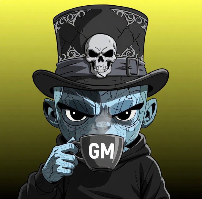 A cartoon-style zombie character wearing a top hat with a skull emblem, drinking from a cup labeled 'GM' against a yellow-green gradient background.