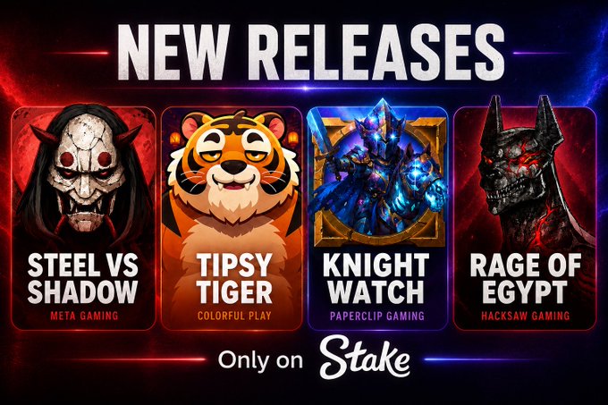 Promotional banner for new game releases on Stake featuring 'Steel vs Shadow' by Meta Gaming, 'Tipsy Tiger' by Colorful Play, 'Knight Watch' by Paperclip Gaming, and 'Rage of Egypt' by Hacksaw Gaming.