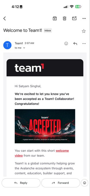 Mobile email screenshot addressed to 'Hi Satyam Singhal,' announcing acceptance as a Team1 Collaborator, showing the same Team1 'ACCEPTED' mountain banner with 'Reply' and 'Forward' options.
