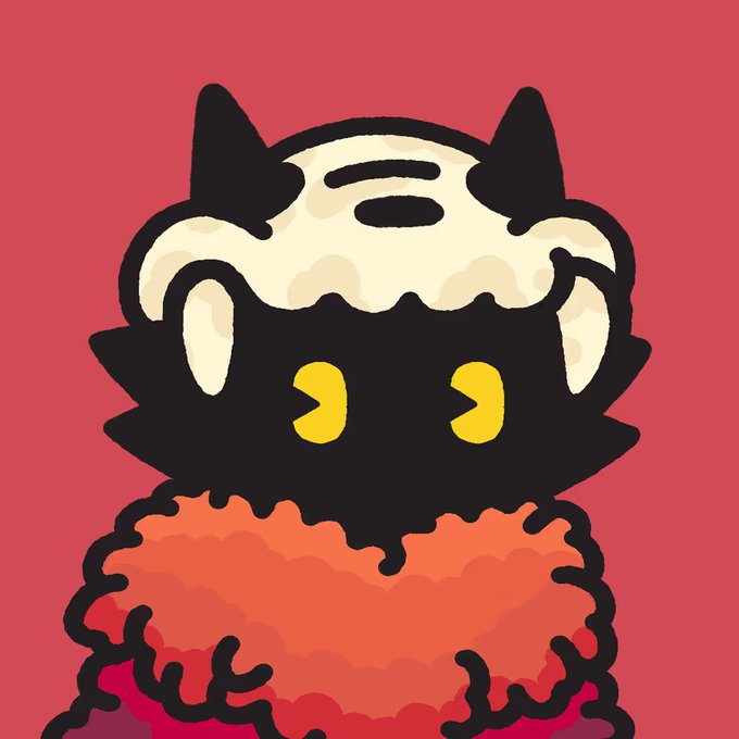 A cartoon illustration of a black cat-like creature with yellow eyes wearing a red knitted sweater against a red background.