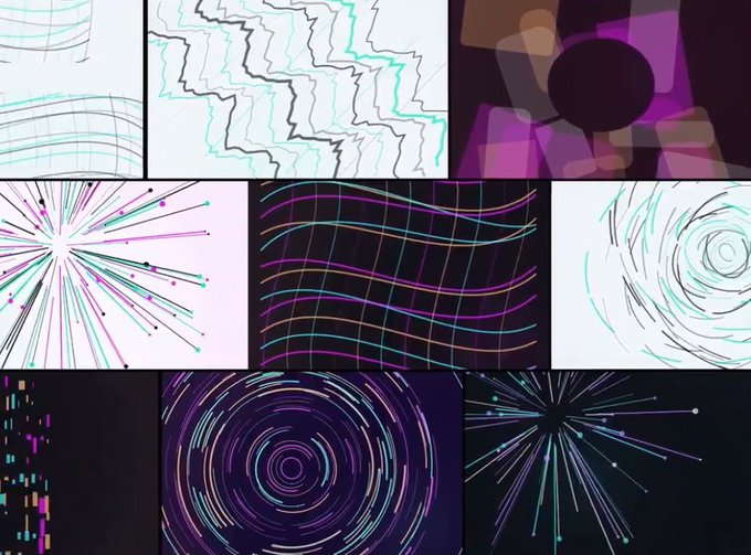 A grid of nine abstract digital art panels featuring colorful line patterns including waves, spirals, radial bursts, and geometric shapes in cyan, pink, and purple hues.