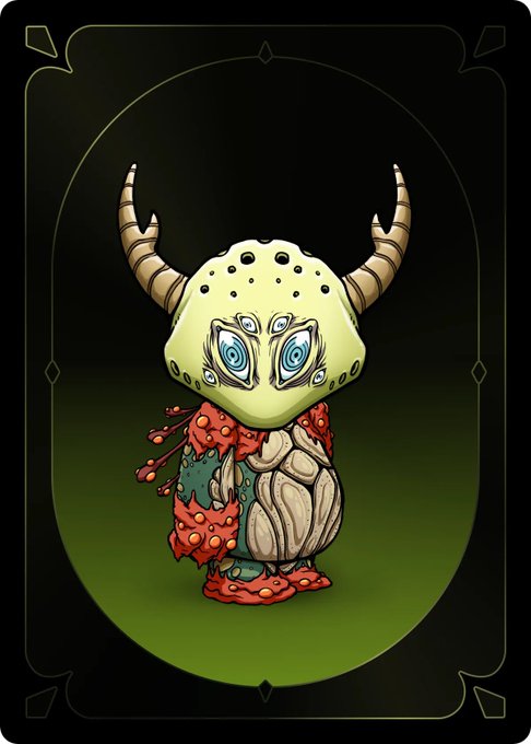 A stylized digital illustration of a horned, multi-eyed creature with a bulbous pale green head and a red and brown segmented body, presented on a dark card with decorative borders.