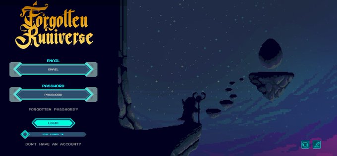 A login screen for 'Forgotten Runiverse' featuring a pixel art scene of a cloaked figure on a cliff overlooking floating islands in a starry sky, with email and password entry fields on the left.