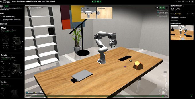 A robotics simulation interface showing a robotic arm on a desk in an office environment, with controls for Move, Rotate, and Action on the left panel.