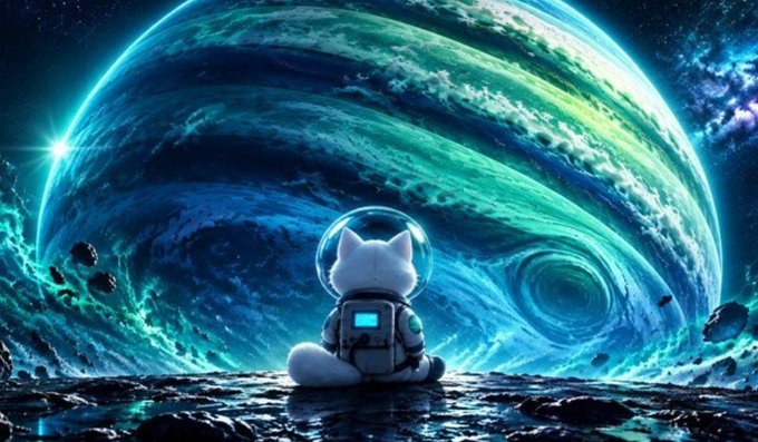 A digital artwork featuring an anime-style cat wearing a spacesuit and helmet, sitting on a rocky surface and gazing at a massive blue and green planet in space.