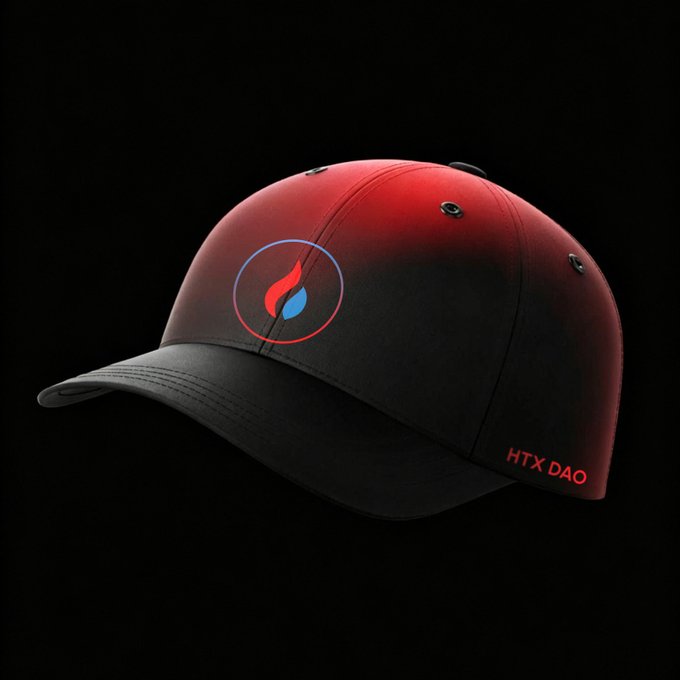 A black and red HTXDAO baseball cap featuring a flame logo inside a circle on the front, displayed against a dark background. The text "HTX DAO" is visible on the side, matching the exclusive merchandise being showcased in the post.