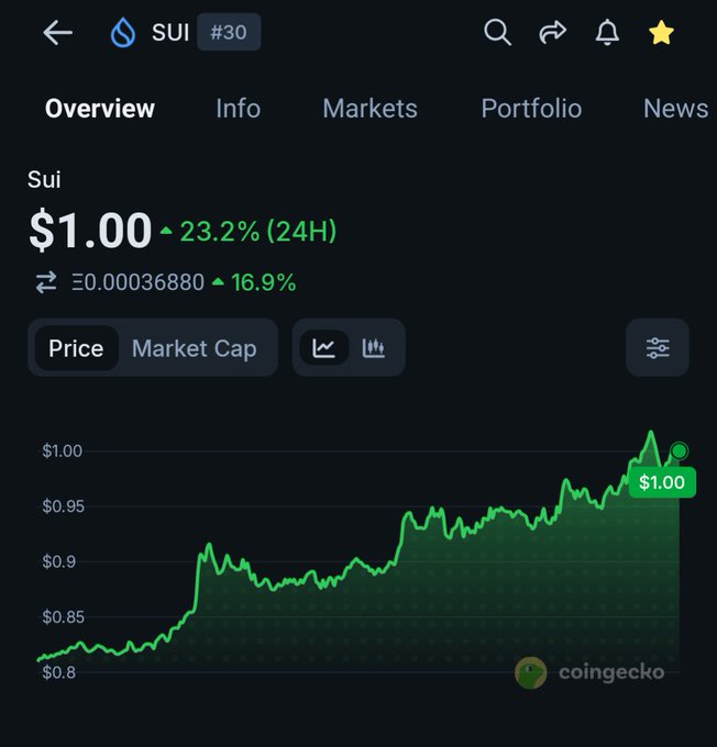 CoinGecko cryptocurrency overview screenshot showing Sui (SUI) token priced at $1.00, up 23.2% in 24 hours, with a green price chart trending upward.