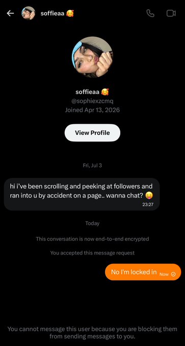 A screenshot of a Twitter DM from "soffieaa (@sophiexzcmq)" showing an opener "hi i've been scrolling and peeking at followers and ran into u by accident on a page.. wanna chat? 🙂" with the reply "No I'm locked in" (Now), followed by the notice "You cannot message this user because you are blocking them from sending messages to you." The image illustrates the "#LockedIn" mindset by showing a direct dismissal of a DM slide-in.