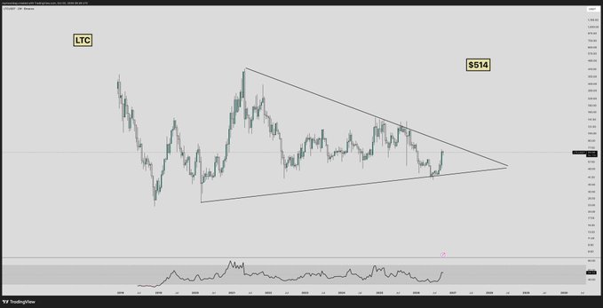 A LTCUSD (Litecoin) TradingView chart displays a symmetrical triangle pattern forming on the price action, with the cryptocurrency currently trading near $114.77. The accompanying post's $500 target represents a conservative bullish projection based on a potential breakout from this consolidation pattern.